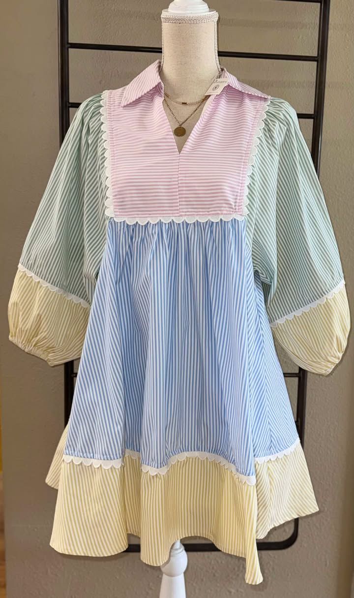 Patch Long Sleeve Strip Dress