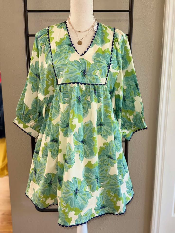 Off White Dress with Mint Flowers and Rick Rack