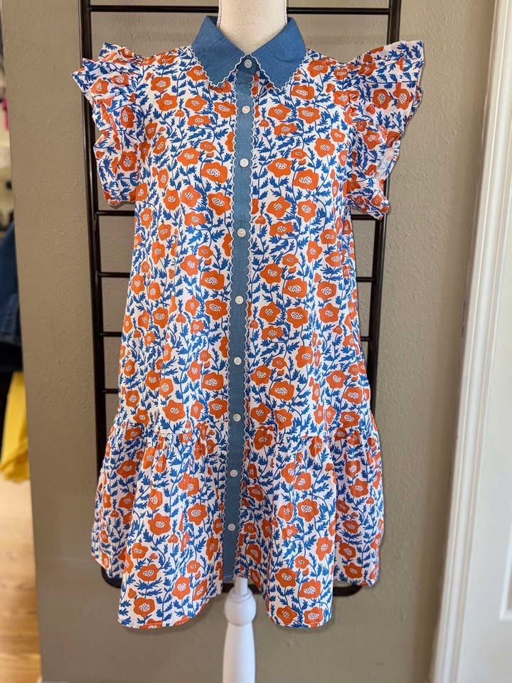 Orange Flower Dress with Denim work