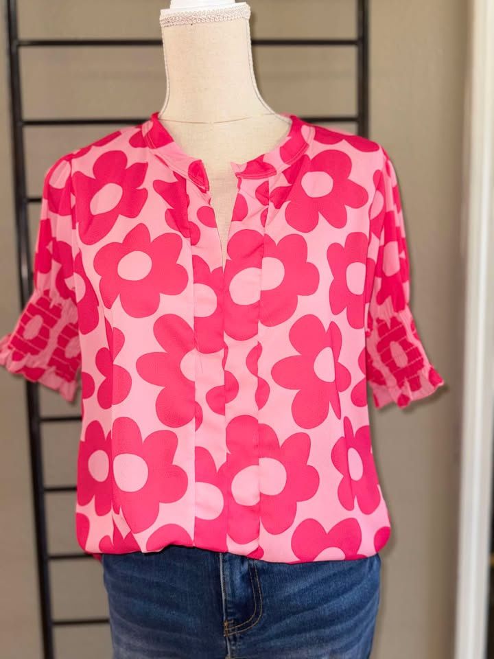 Flower Printed Woven Smoking Sleeves V neck Top