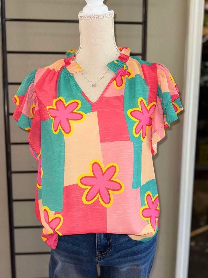 Multi Color Block With Flower Woven Ruffled Sleeves
