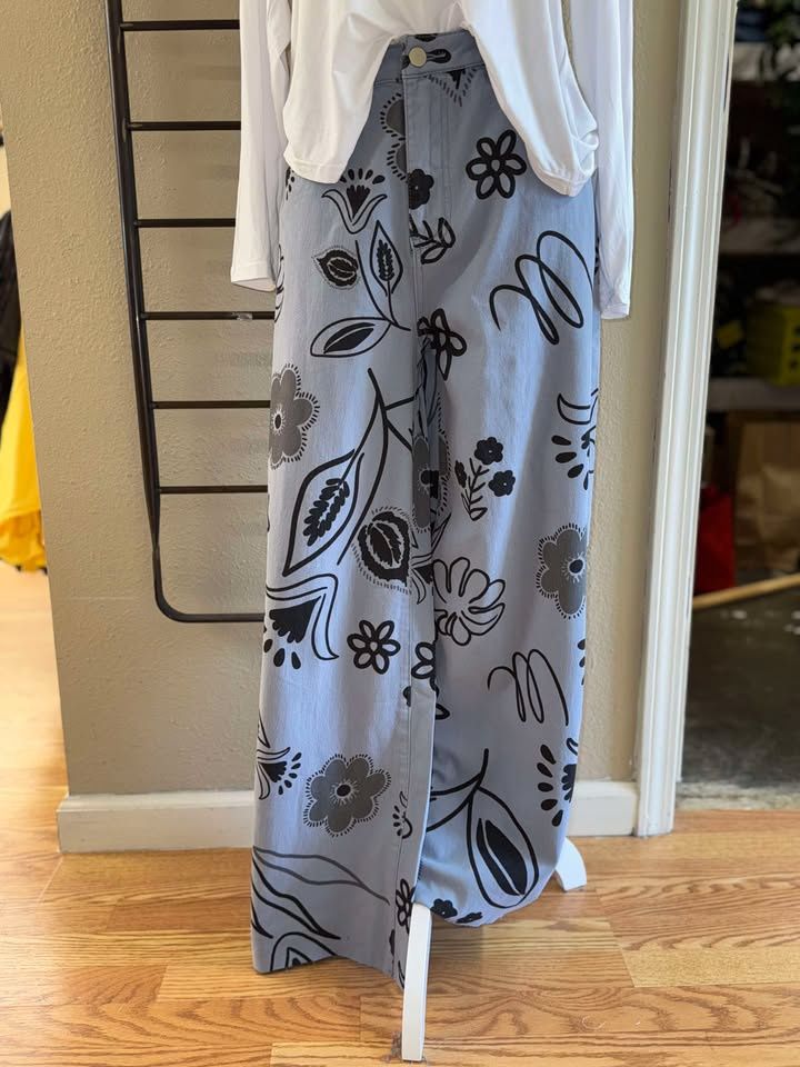 Blue Grey Printed Washed Twill
