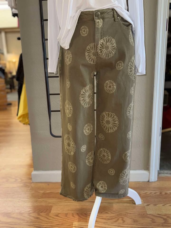 Faded Olive Flower Printed Washed