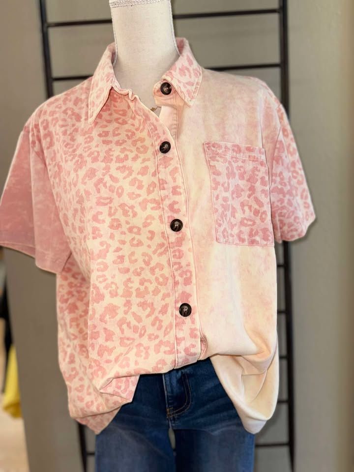 Mineral Washed Leopard Print Short Sleeve Shirt Top
