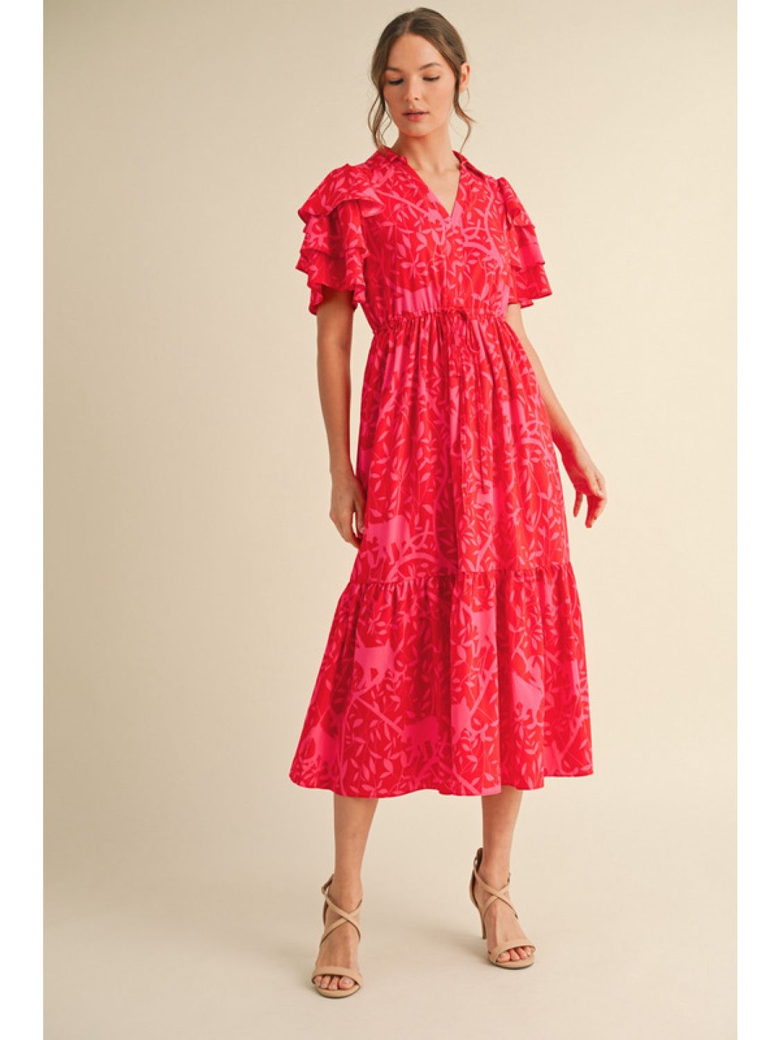 Red and Pink Print Midi Dress with Open Collar Neck