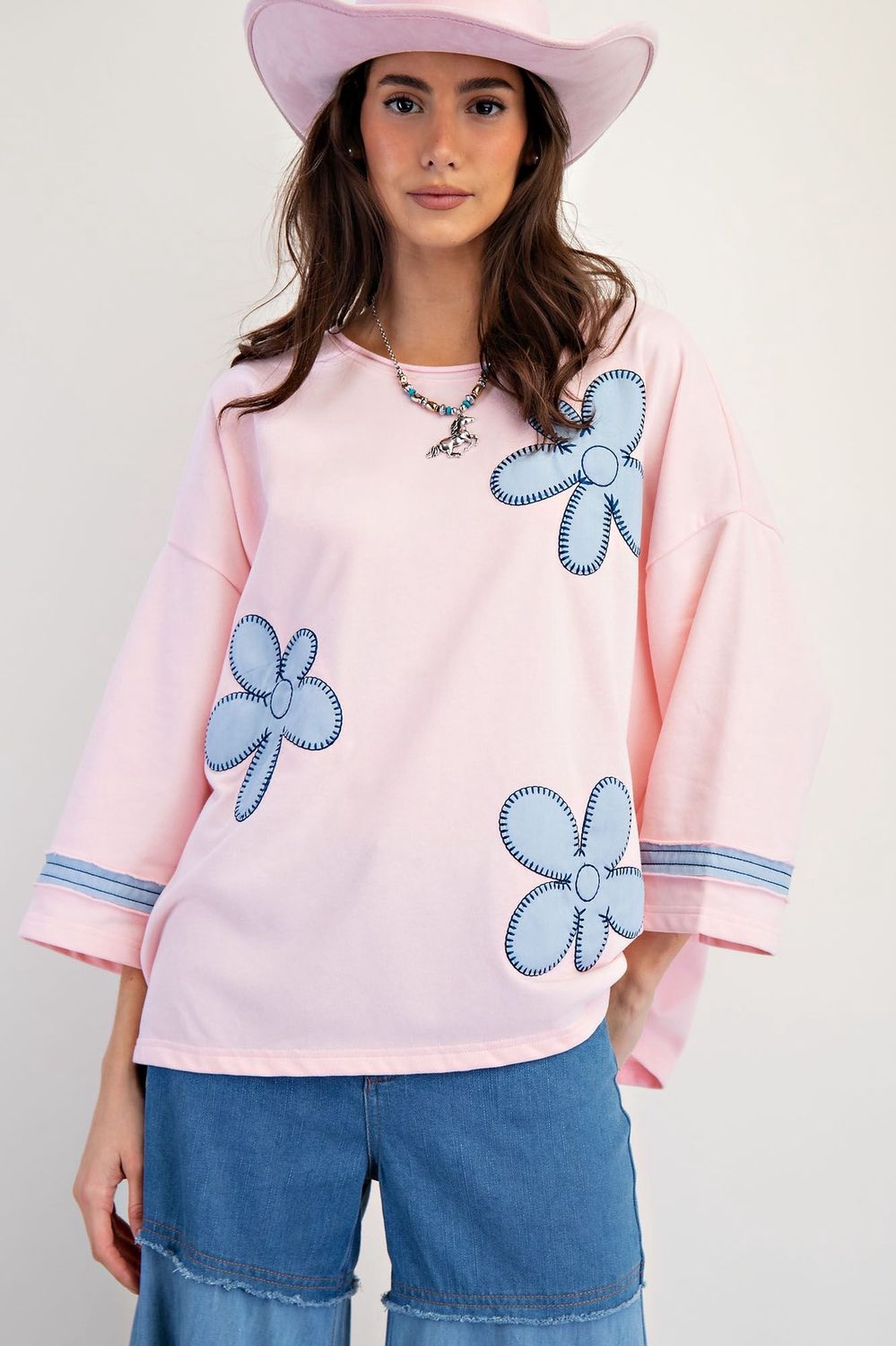 Pink 3/4 Sleeve top w/ blue Flower Patch