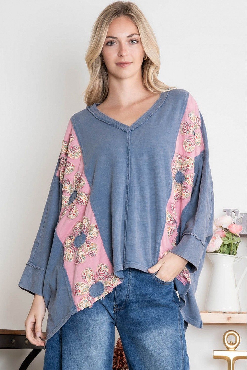Flower Patch V Neck Drop Shoulder Top