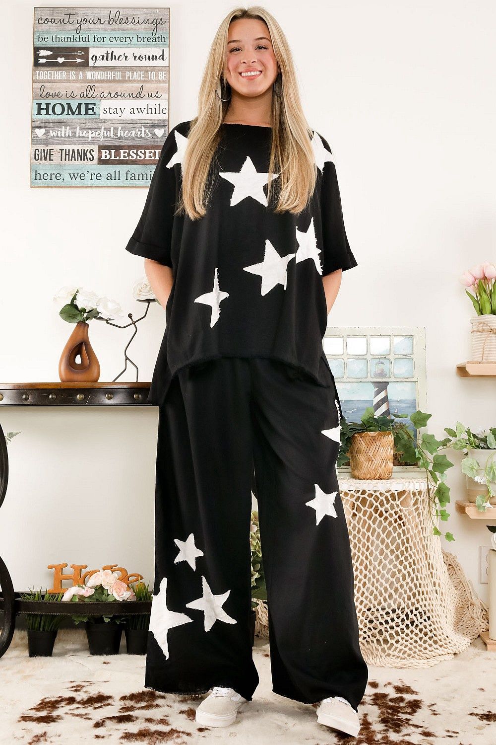 Black/White Linen Blend Star Patch Set