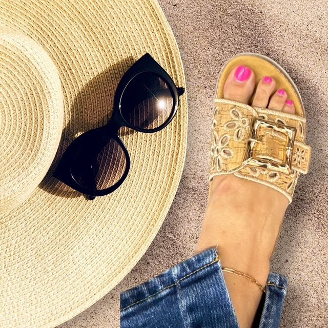 Cork Slide Sandal w/flower detail and buckle