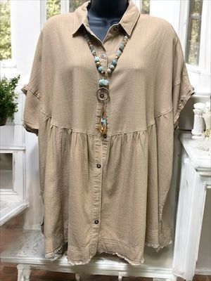 Latte Linen Collared Button Up Tiered Top With Side Slit &amp; Frayed Hem