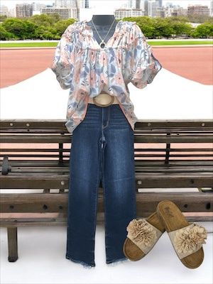Peach/Gray Floral Ruffle Sleeve Blouse