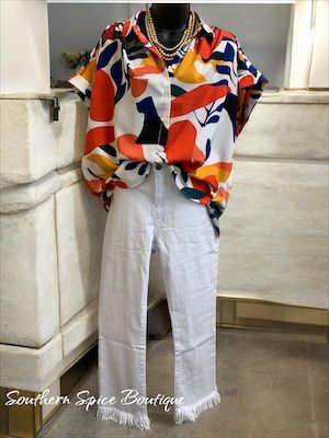 White Multi-Colored Button Up Top