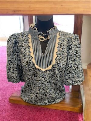 Floral Stripe Print Contrast Puff Sleeve Top