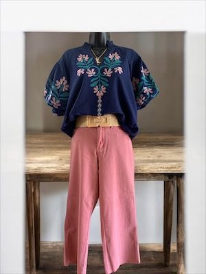 Navy Floral Embroidered Puff Sleeve Top