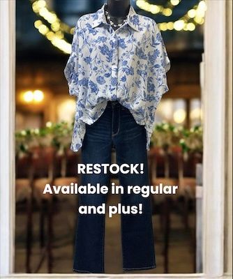 Blue/White Floral Button Down Plus Top