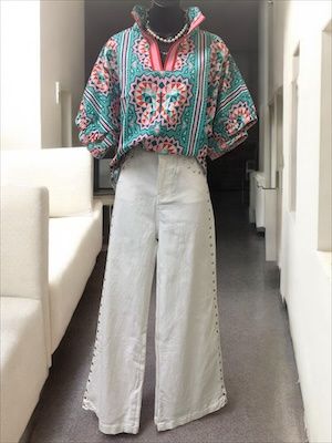 Geometric Butterfly Print Collared Blouse