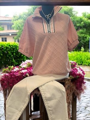 Textured Colored Tape Zip Collared Top