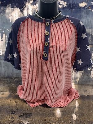 Red White and Blue Half Button Knit Top