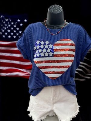 Royal Blue Sequin Heart Ribbed Top