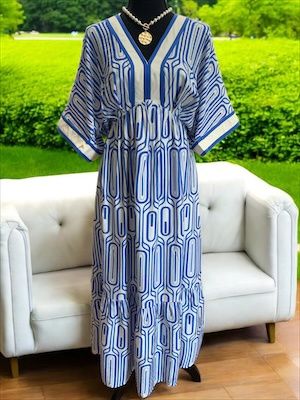 Blue Abstract Print Dress with Trim