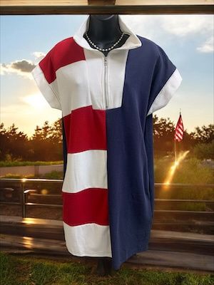 Short Sleeve Half Zip Flag Color Block Knit Mini Dress with Side Pocket