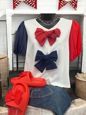 Puff Sleeve Independence Color Bow Front Attached Knit Top