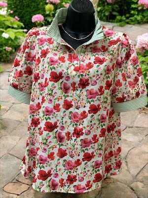 Floral Print Striped Detail Split Neck Blouse