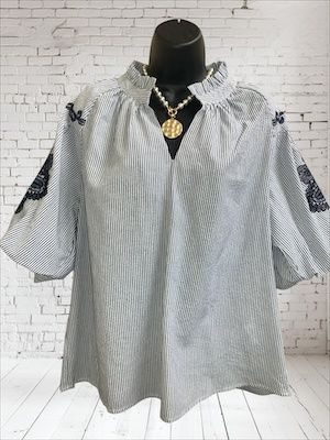 Black Stripe top w/floral applique