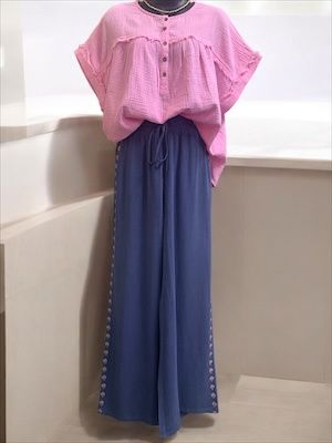 Denim Color Flower Embroidered Pant