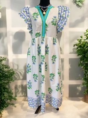 Long Floral Off White w/Blue &amp; Green Trim