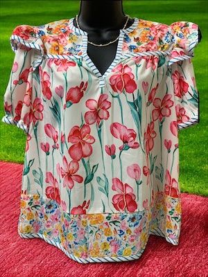 Floral Stripe Patchwork Collar Short Sleeve