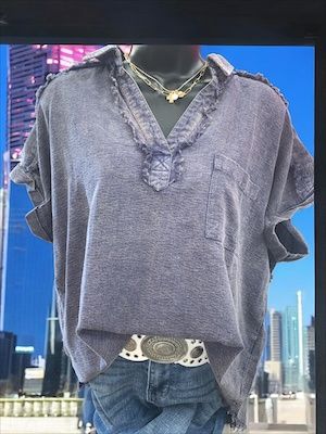 Distressed Navy V Neck Top w/collar