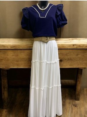 Navy Blue Puff Sleeve Top with Contrast Piping