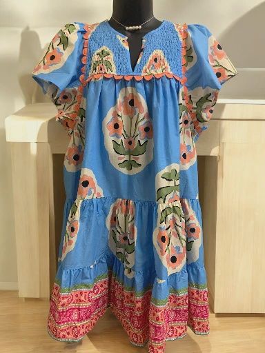 Blue Floral Scallop Trim Dress