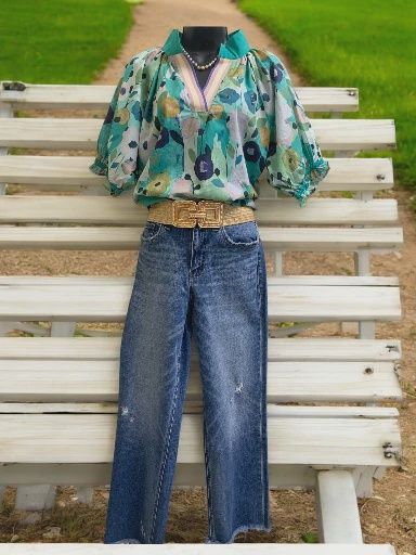 Jade Mix Floral Top With Collar