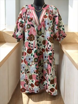 Pink mix Floral Plus Dress w/ribbon neckline
