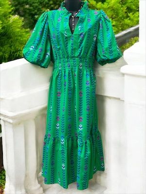 Smocked Waist Puff Sleeve Midi Dress Plus