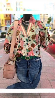 Pink mix Floral Top w/ribbon neckline