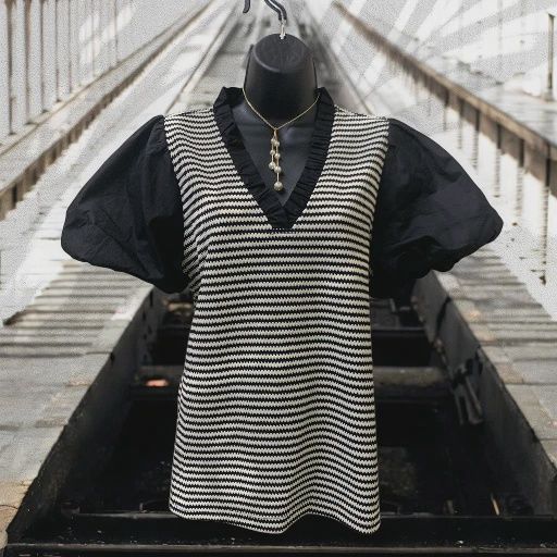 Black and White Stripe Ruffle Neck Top