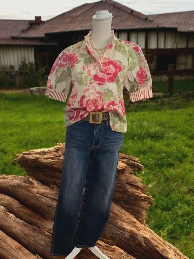 Floral Top with Striped Trim