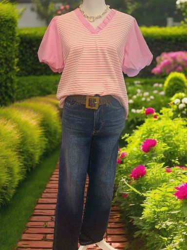 Soft Pink/White Stripe Top w/ Solid Sleeves