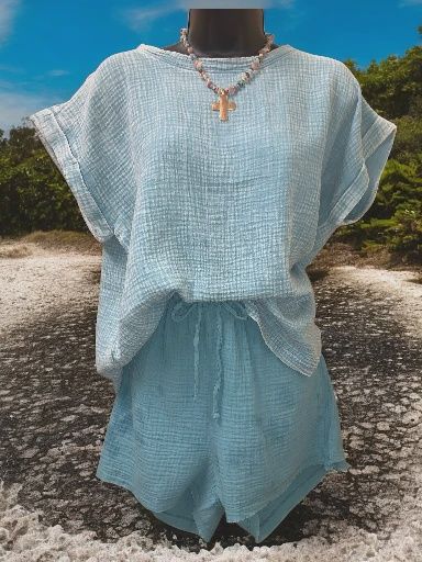Gauze Round Neck Top w/cuff sleeves