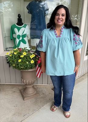 Mint Blue Top W/Magenta Flowers