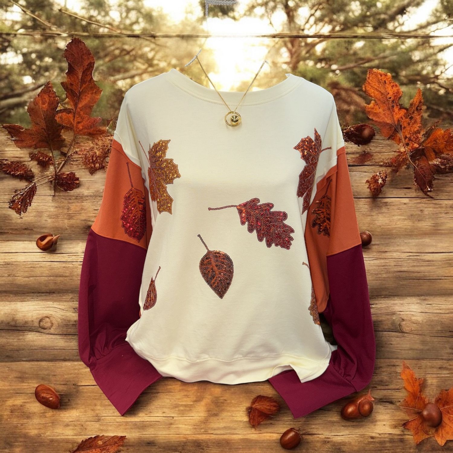 French Terry Color Block Pull Over W/ Leave Sequins