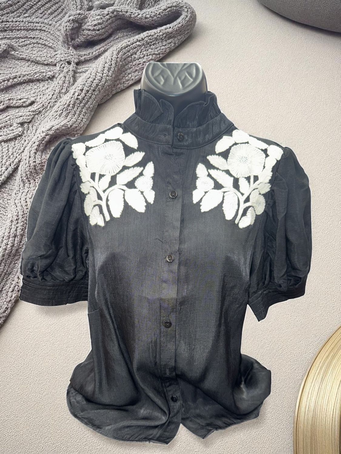 Ruffle Neck Top With Applique White Flowers