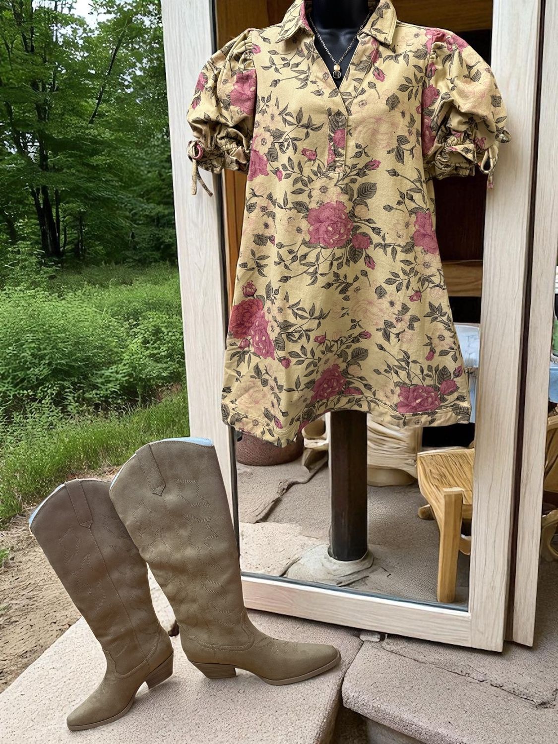 Tan Floral Print Dress