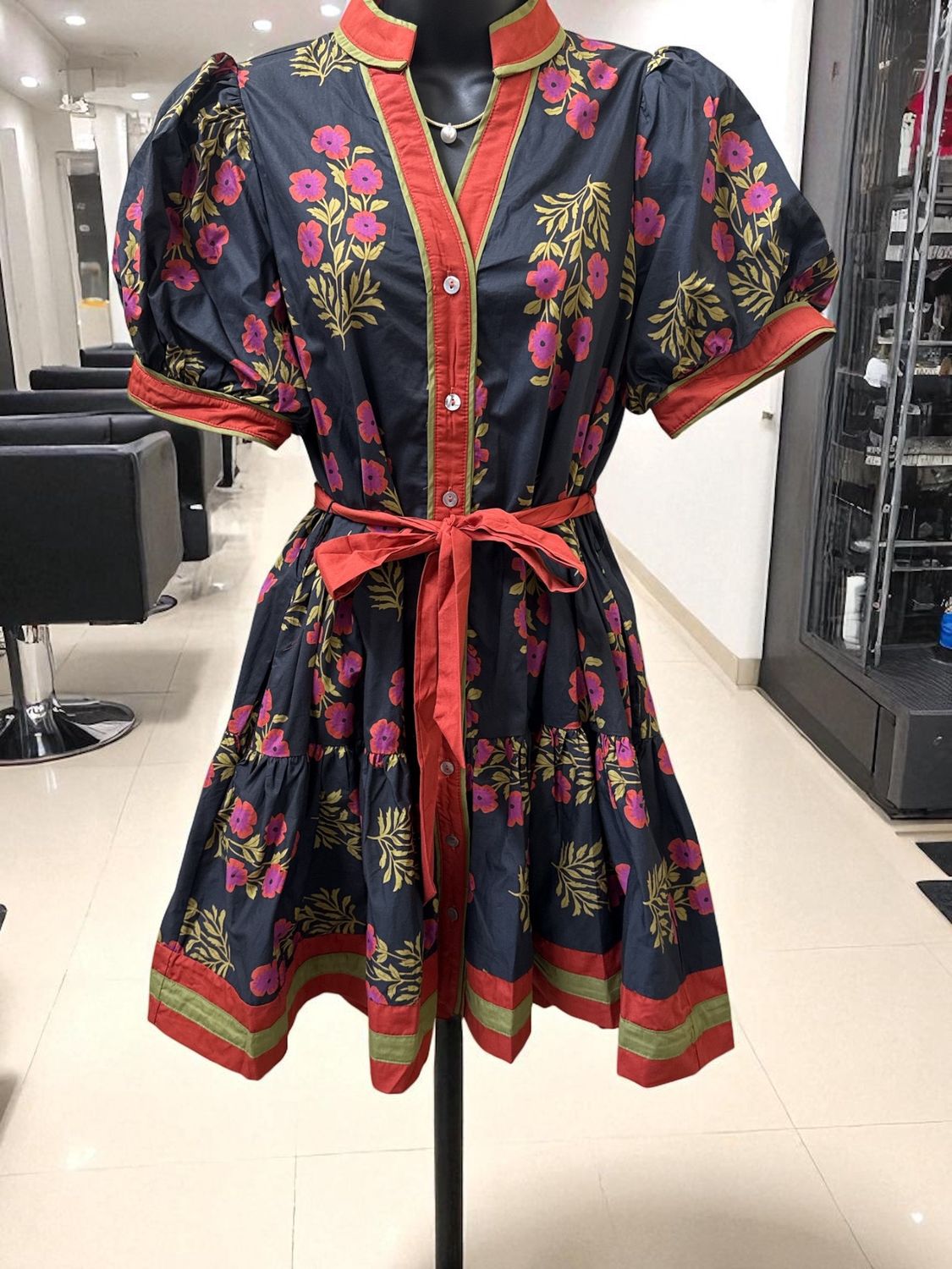 Black Floral Print Dress W/ Tie