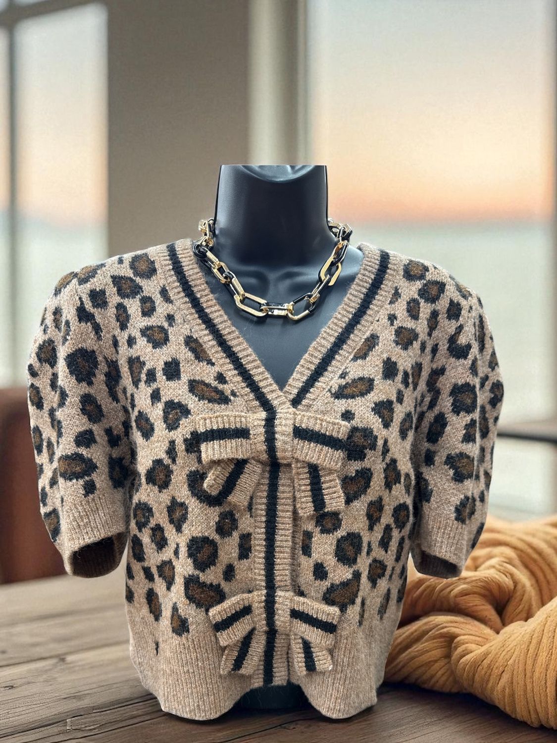 Mocha Puff Short Sleeve Bow Front Leopard Sweater Cropped Cardigan