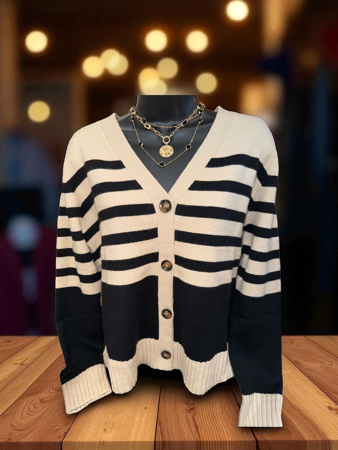 Taupe/Black Striped Cardigan Sweater