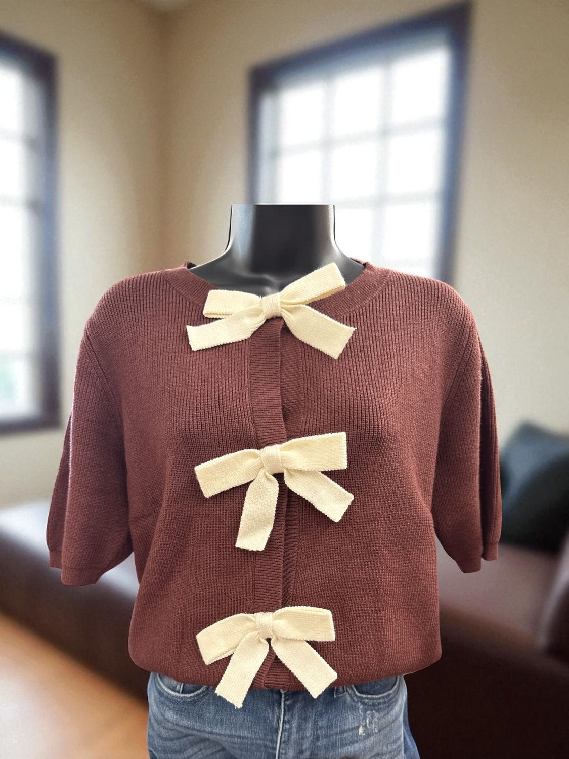 SS Contrast Bow Knit Sweater Cardigan